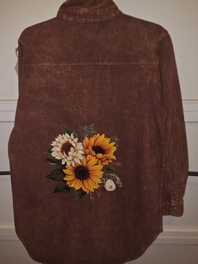 Thrill Brown Distressed Jean Jacket with Sunflower Back Print